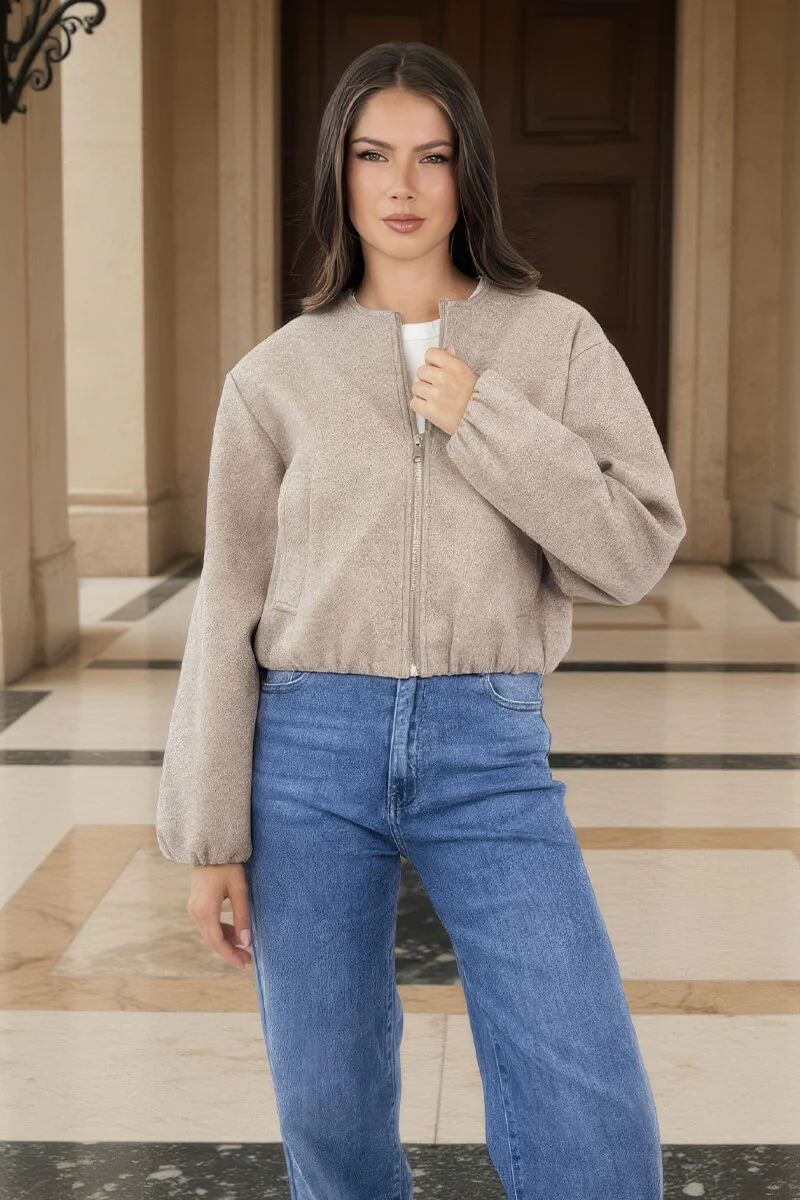 Mocha Marl Bubble Hem Zip Up Bomber Jacket - Image 3