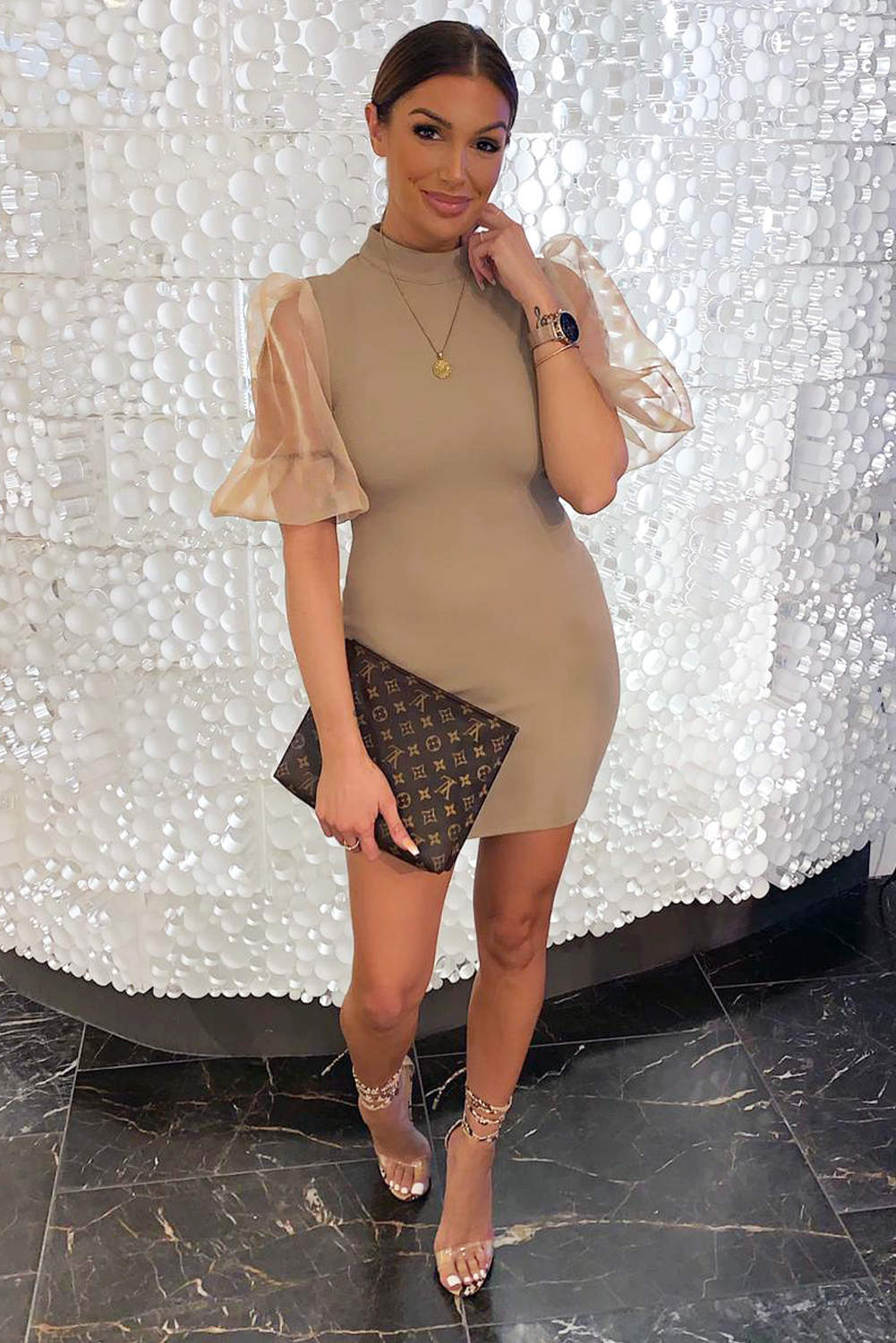 Mocha Puff Sleeve Bodycon Dress - Image 2