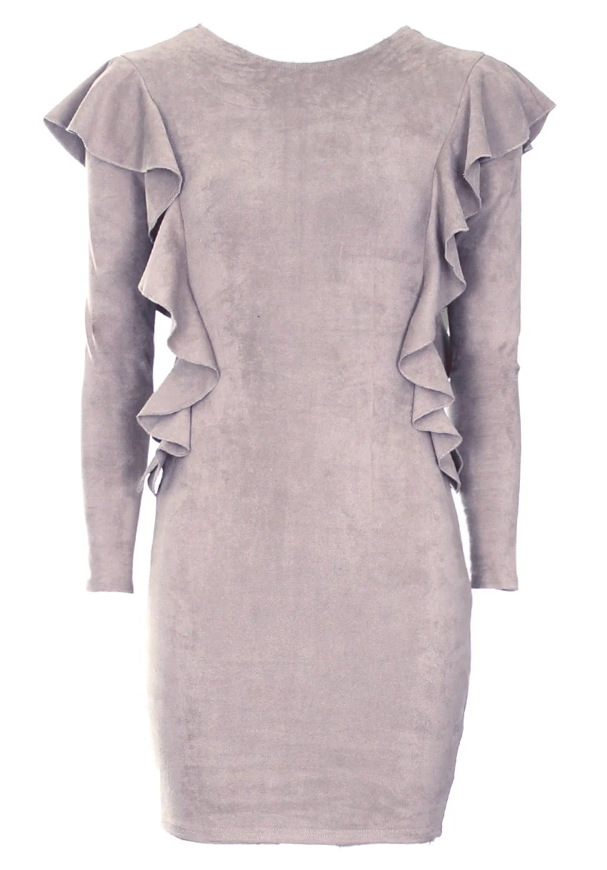 Mocha Suede Long Sleeve Frill Dress - Image 4