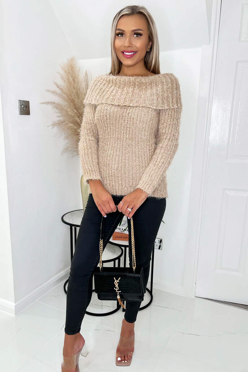 Mocha Wide Roll Neck Long Sleeve Fluffy Knitted Jumper - Image 4
