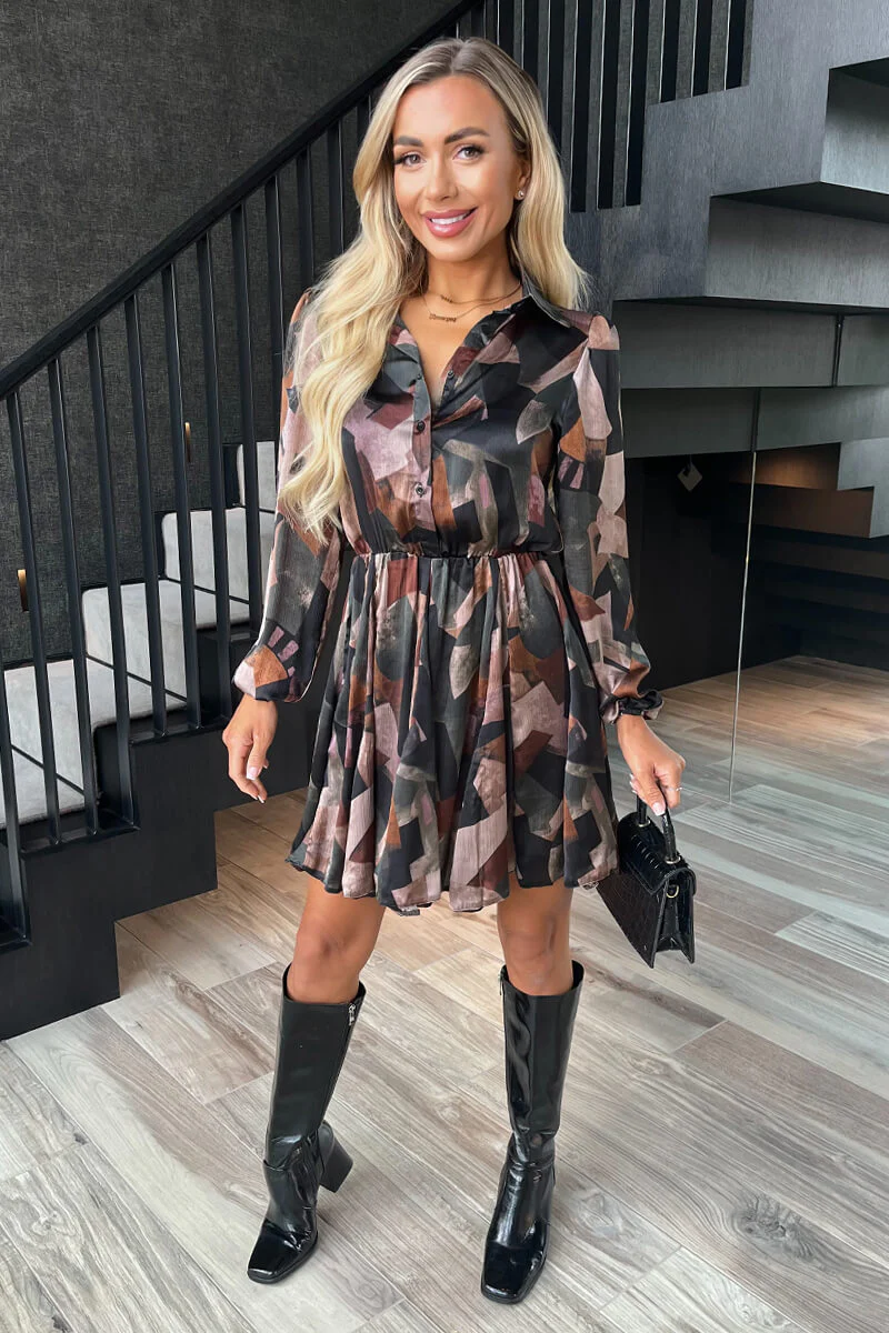 Multi Abstract Print Long Sleeve Mini Skater Dress - Image 2