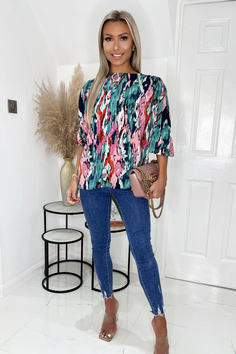Multi Abstract Printed 3/4 Sleeve Top - Image 3