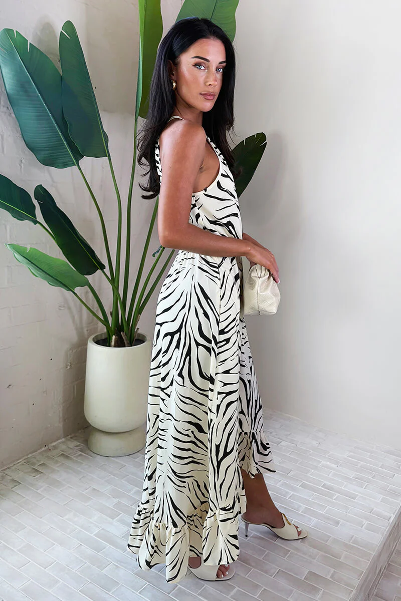 Multi Animal Print Frill Hem High Neck Midi Dress - Image 4