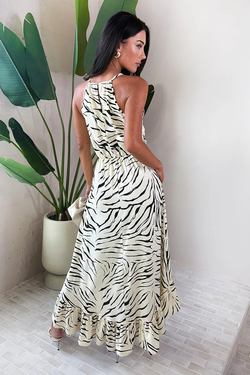 Multi Animal Print Frill Hem High Neck Midi Dress - Image 5