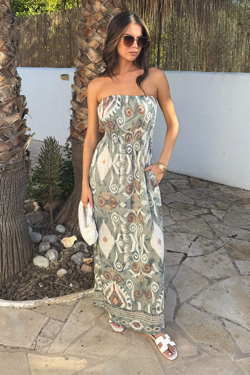 Multi Boho Print Strapless Shirred Waist Midi Dress - Image 2