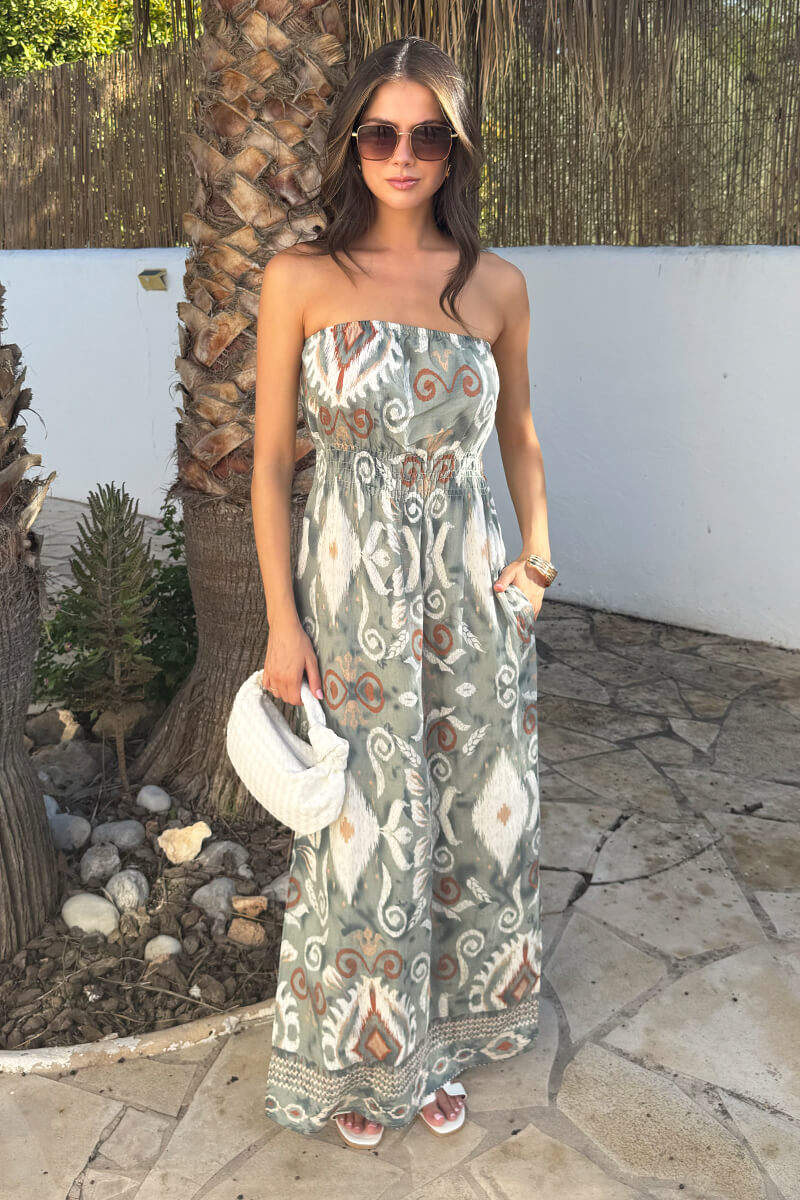 Multi Boho Print Strapless Shirred Waist Midi Dress - Image 3