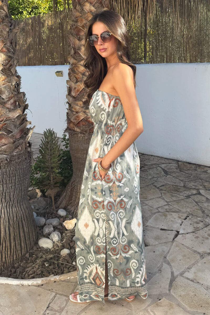 Multi Boho Print Strapless Shirred Waist Midi Dress - Image 4