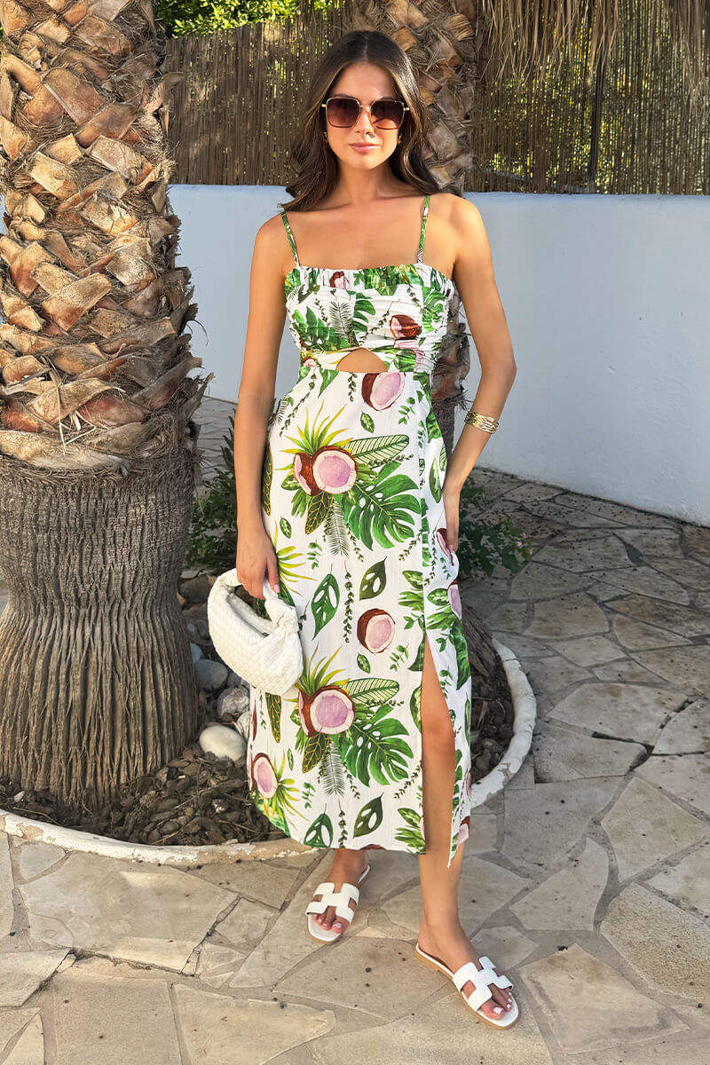 Multi Coconut Print Strappy Cut Out Midi Dress - Image 3