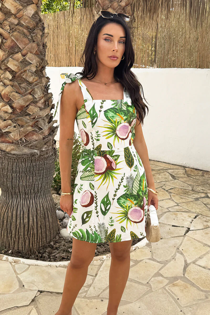 Multi Coconut Print Tie Strap Mini Dress
