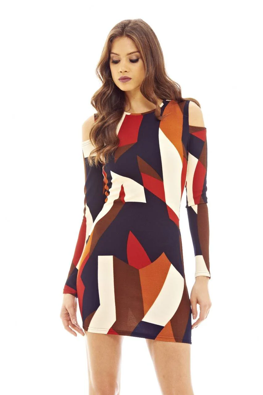 Multi-colour Printed Mini Dress with Cold Shoulder Detail - Image 3