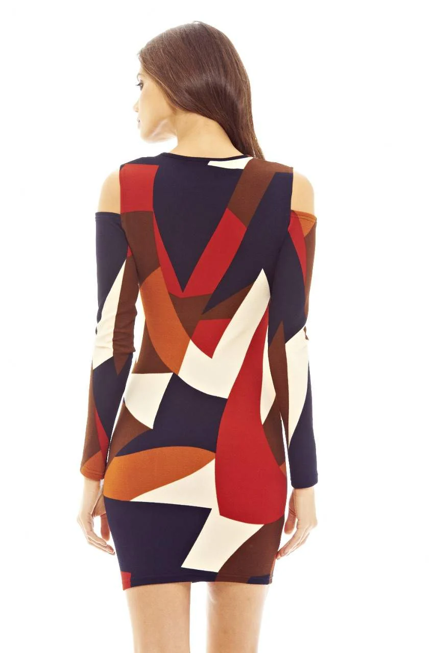 Multi-colour Printed Mini Dress with Cold Shoulder Detail - Image 4