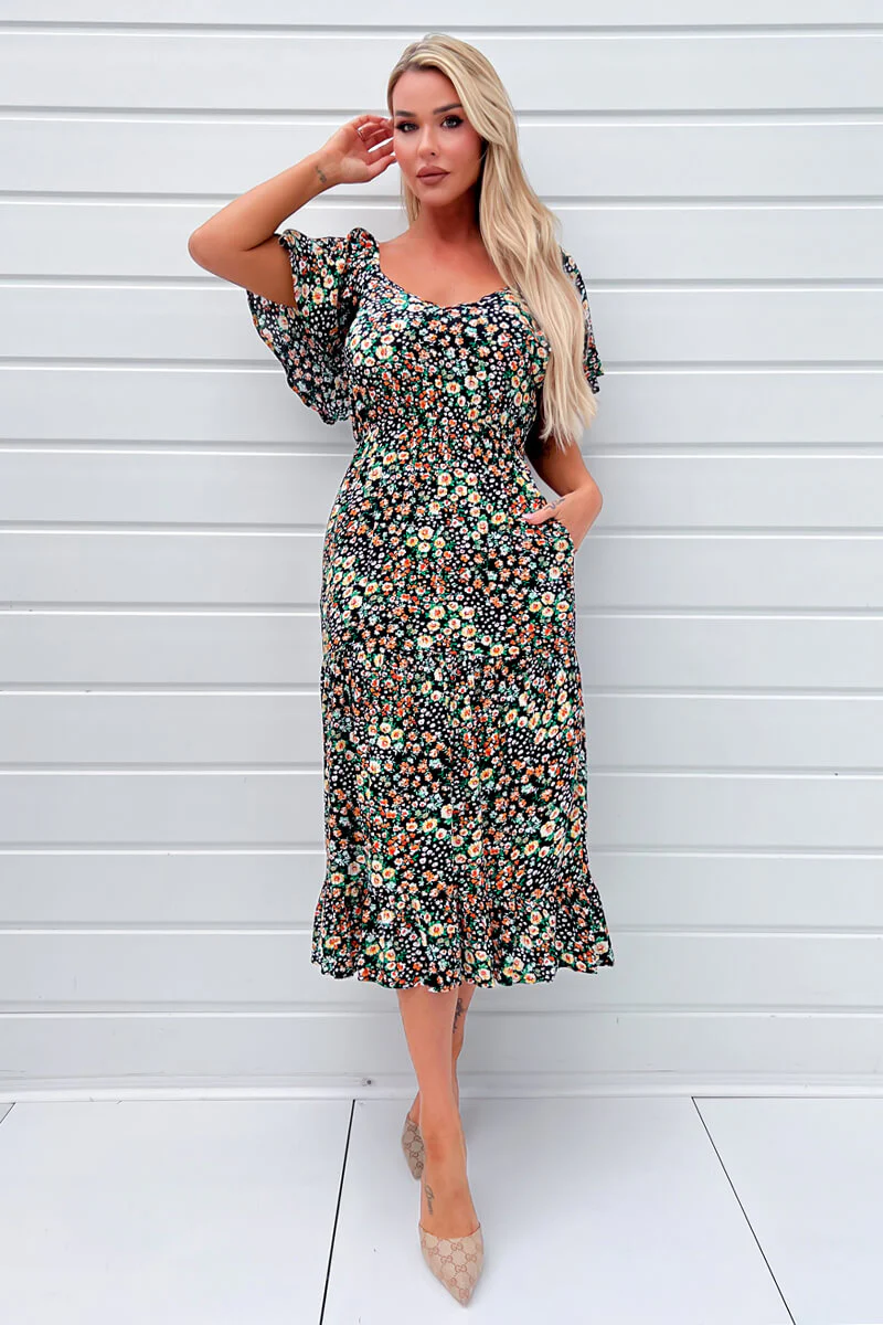 Multi Ditsy Printed Flutter Sleeve Midi Dress - Image 2