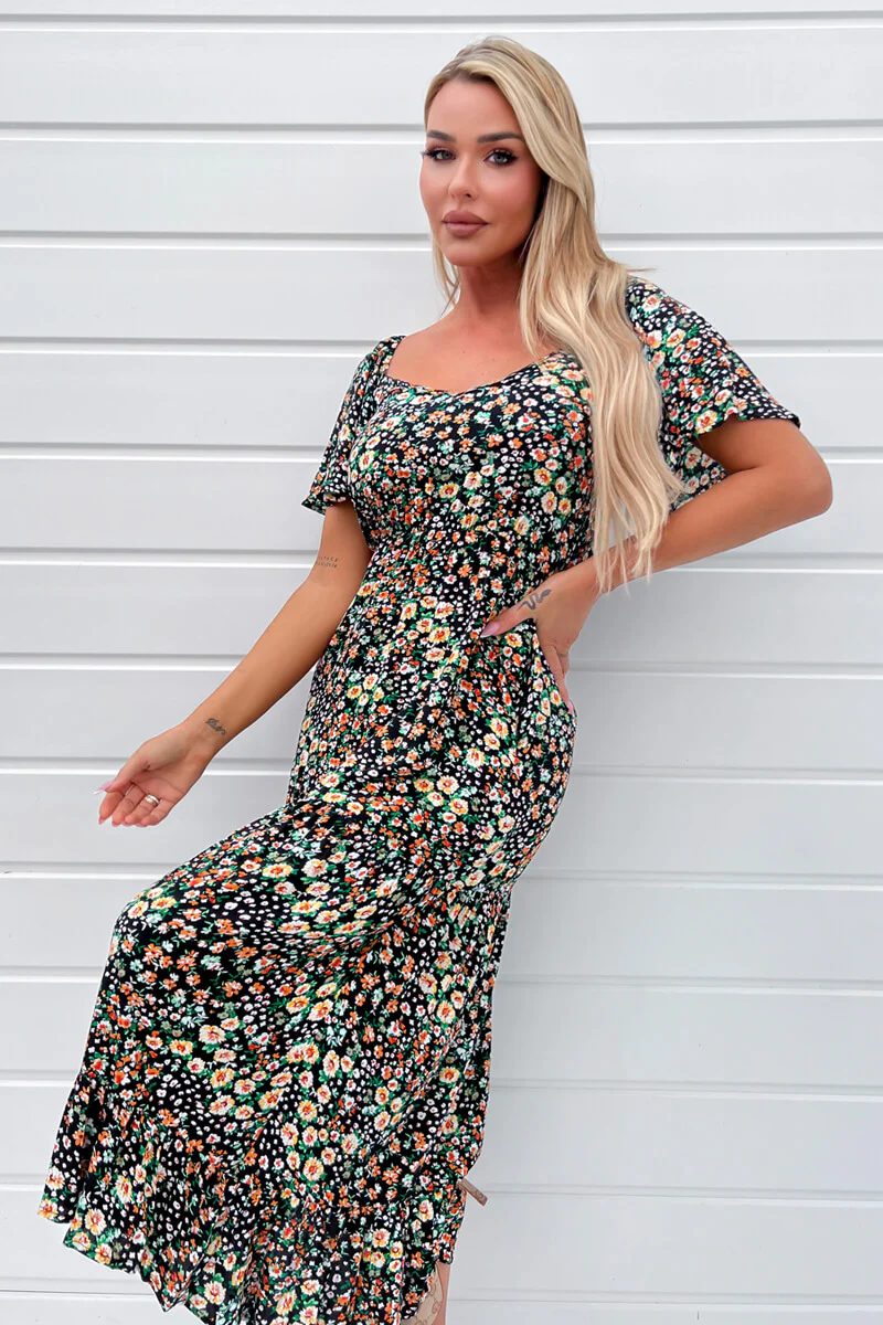 Multi Ditsy Printed Flutter Sleeve Midi Dress - Image 3