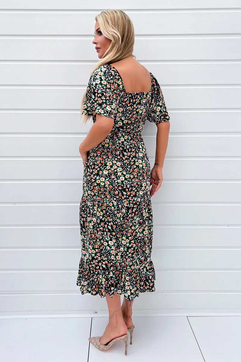 Multi Ditsy Printed Flutter Sleeve Midi Dress - Image 4