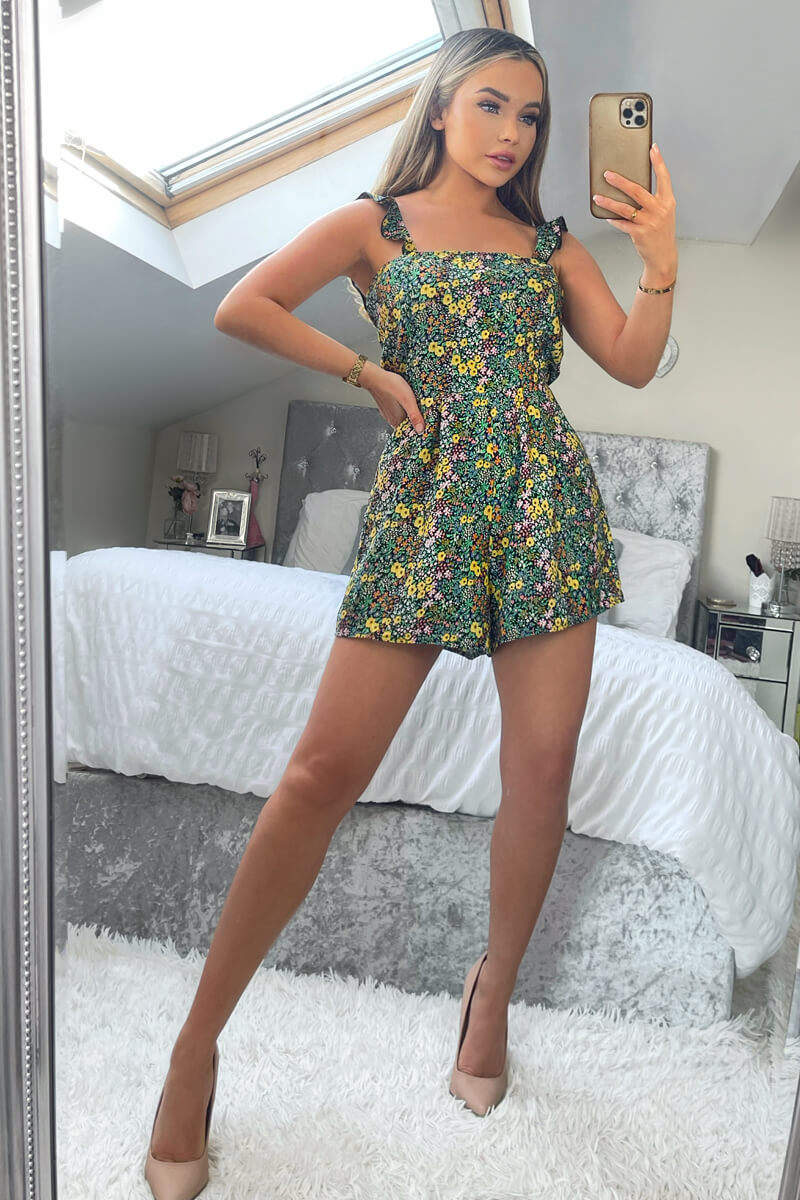 Multi Floral Frill Strap Playsuit - Image 3