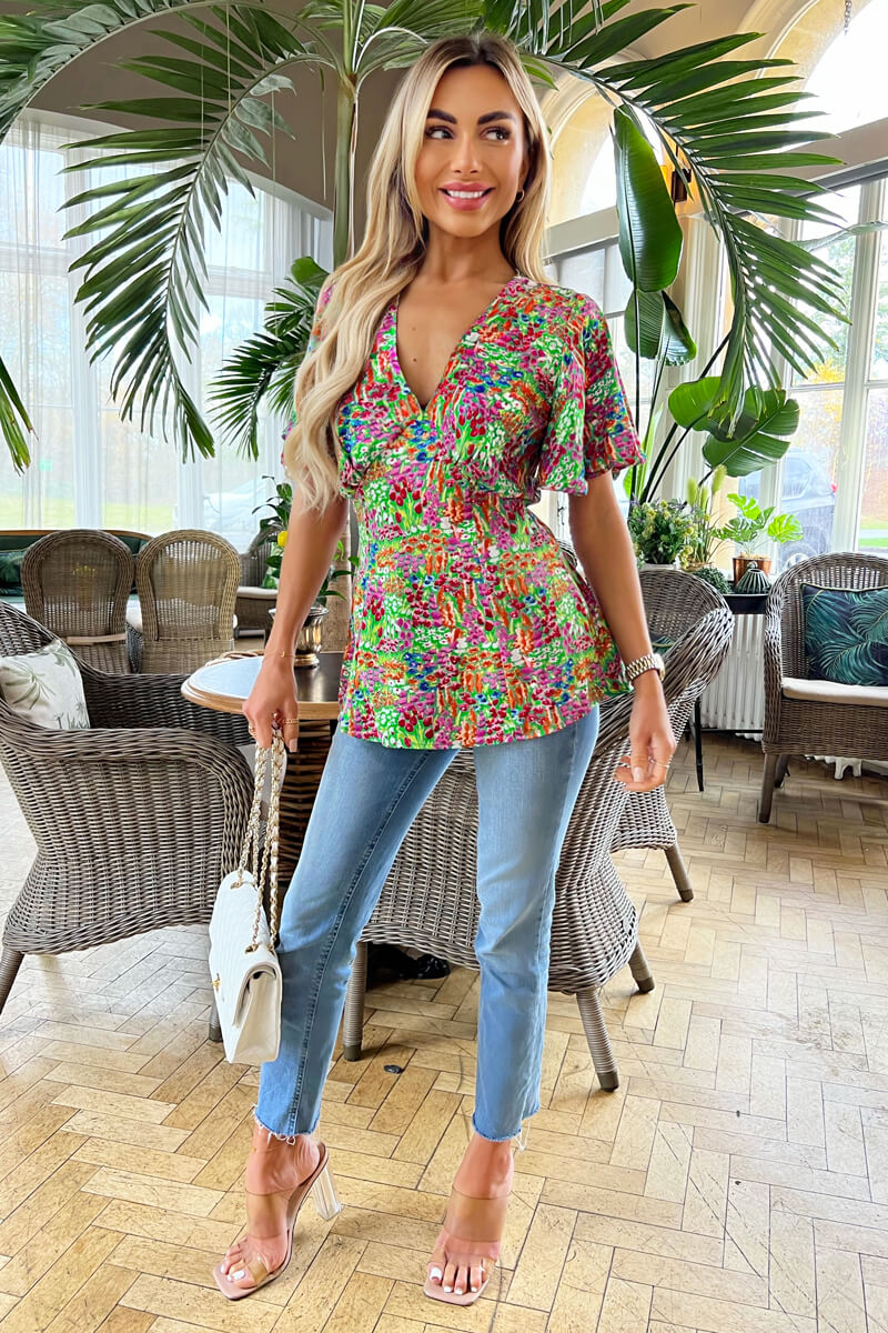 Multi Floral Garden Print V Neck Top - Image 2