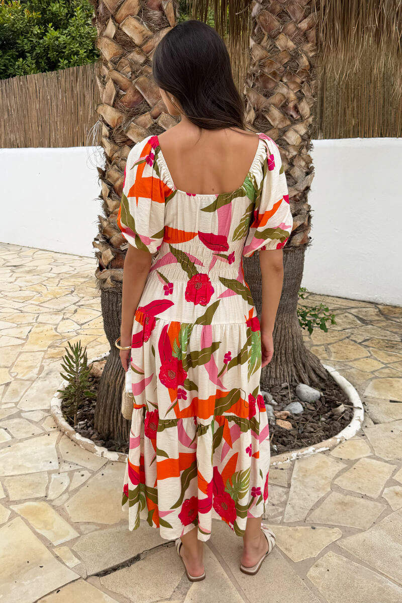 Multi Floral Print Shirred Waist Smock Midi Dress - Image 5