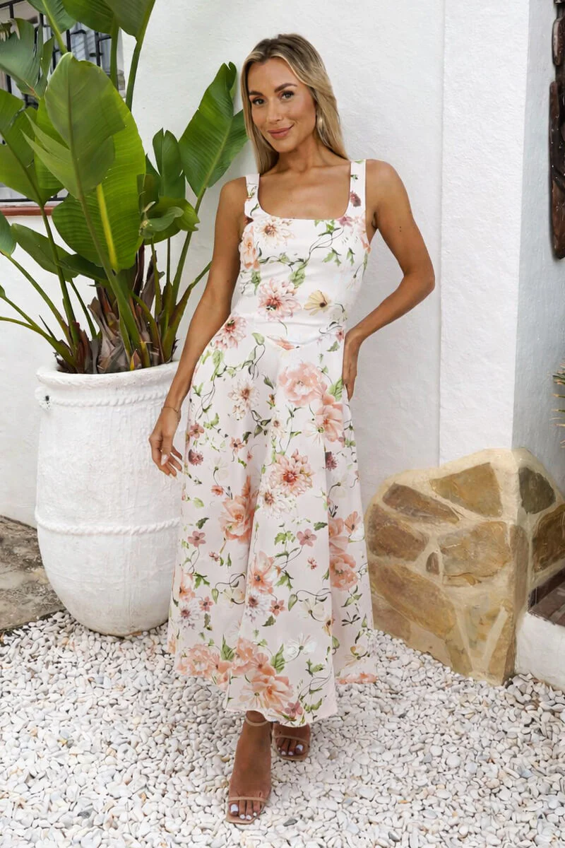 Multi Floral Print Square Neck A-line Midi Dress