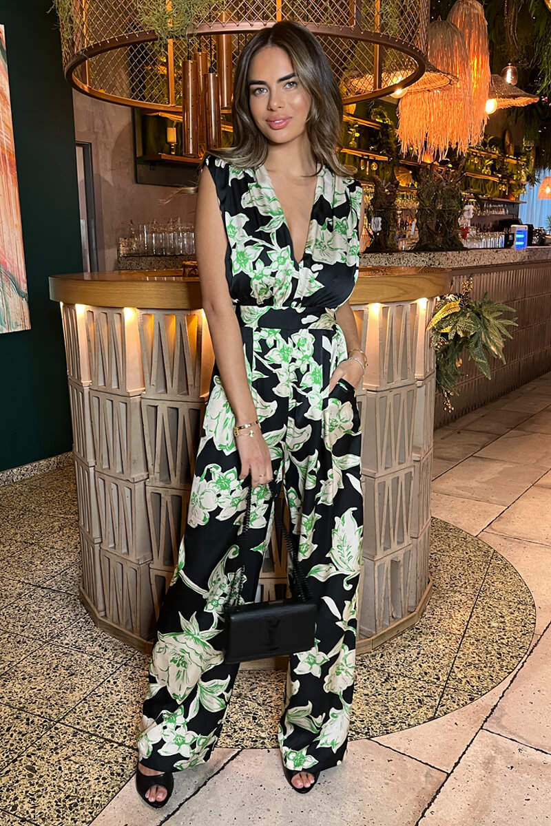Multi Floral Print V Neck Sleeveless Jumpsuit - Image 2
