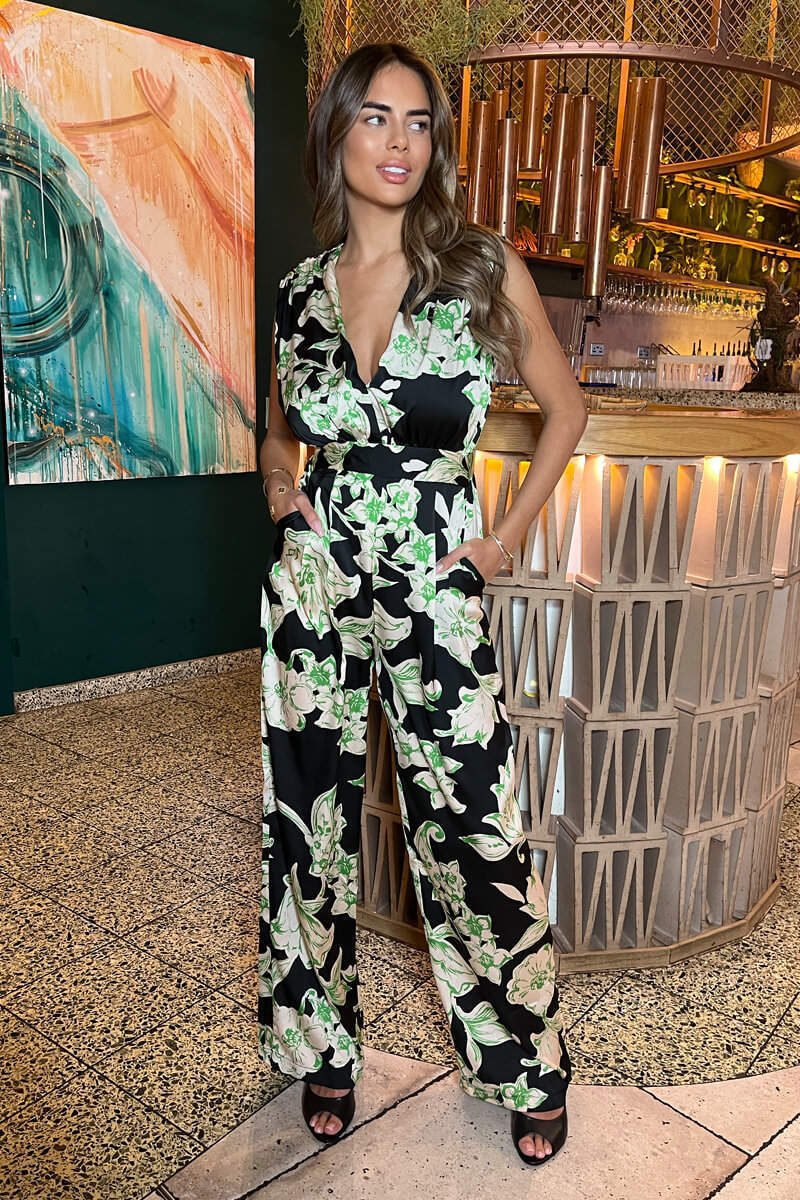Multi Floral Print V Neck Sleeveless Jumpsuit - Image 3