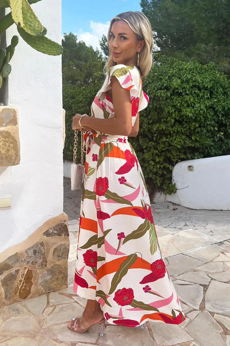 Multi Floral Print Wrap Top Belted Midi Dress - Image 4