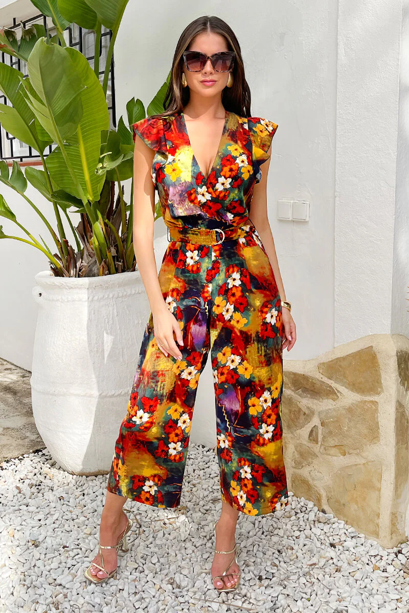 Multi Floral Print Wrap Top Flutter Sleeve Belted Jumpsuit - Image 2