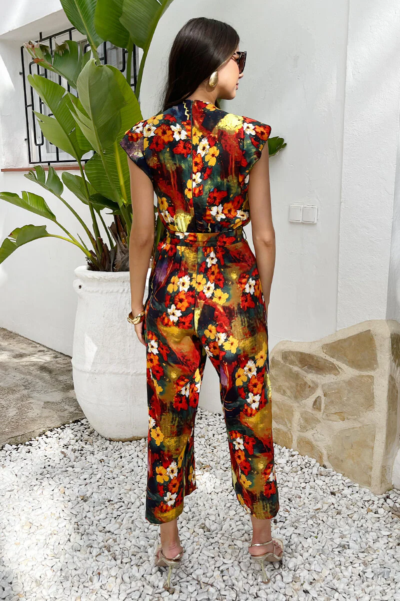 Multi Floral Print Wrap Top Flutter Sleeve Belted Jumpsuit - Image 5
