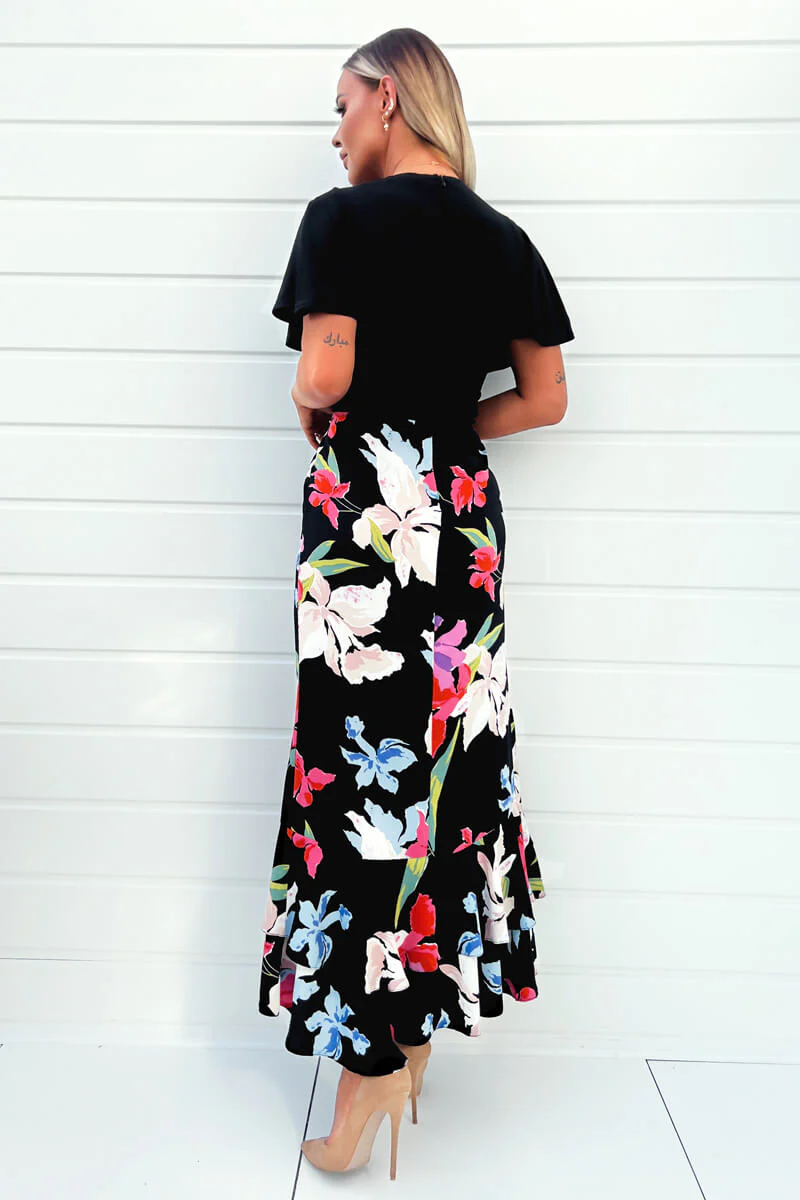 Multi Floral Printed 2 in 1 Short Sleeve Frill Hem Midi Dress - Image 4