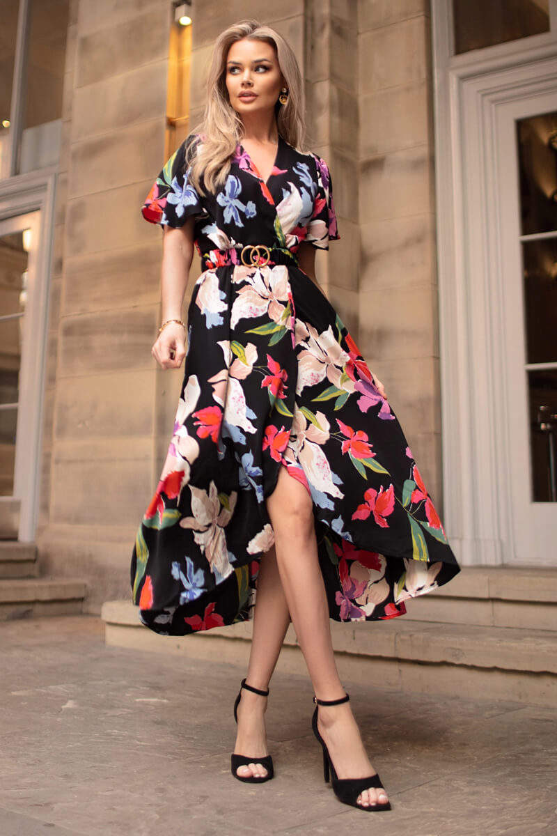 Multi Floral Printed Short Sleeve Belted Wrap Midi Dress - Image 2