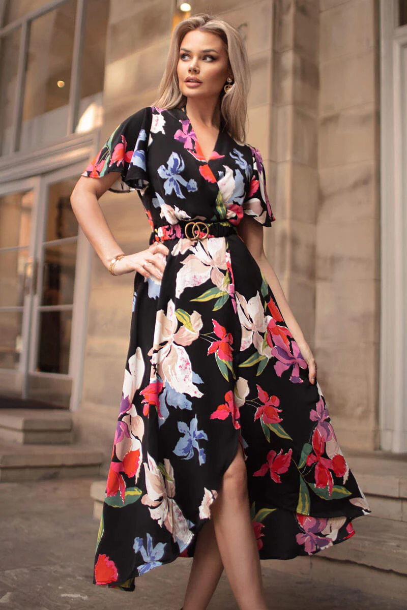 Multi Floral Printed Short Sleeve Belted Wrap Midi Dress - Image 3