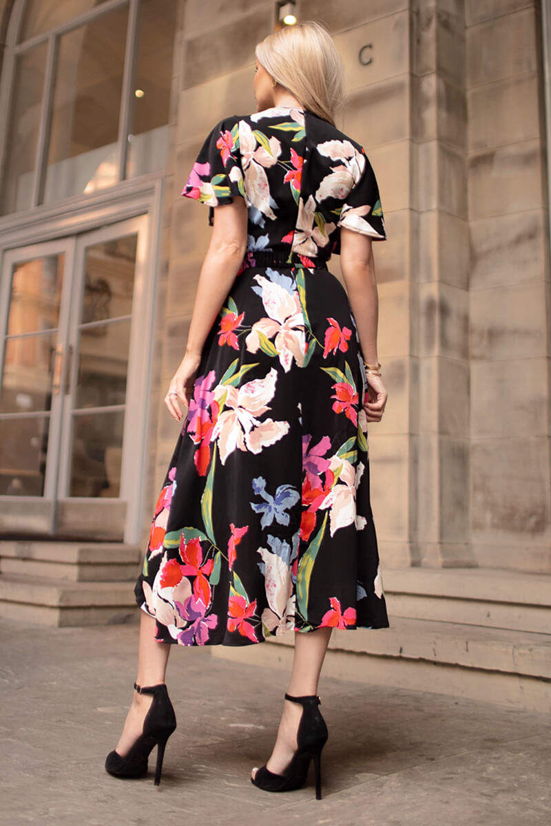 Multi Floral Printed Short Sleeve Belted Wrap Midi Dress - Image 4