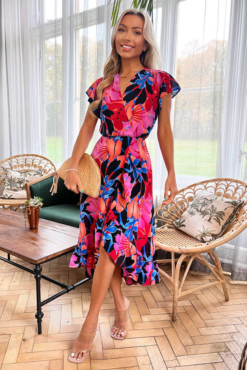 Multi Floral Printed Wrap Over Top Frill Hem Midi Dress - Image 2