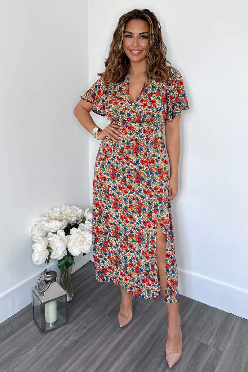 Multi Floral V Neck Butterfly Sleeve Midi Dress - Image 2