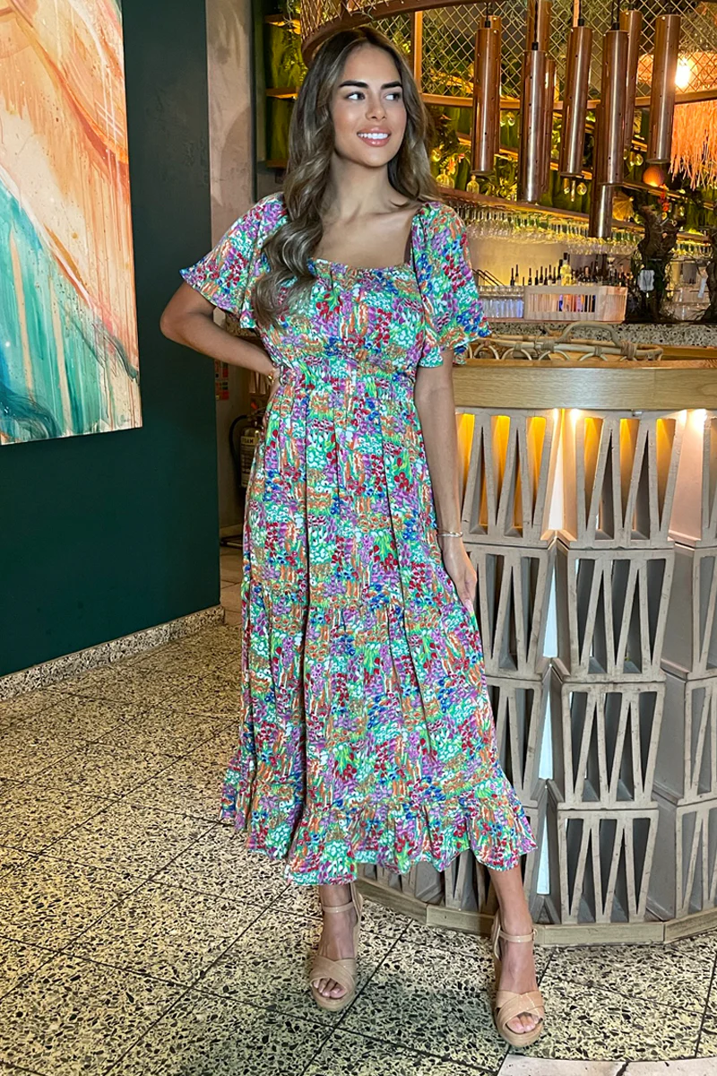 Multi Garden Print Frill Hem Midi Dress - Image 2