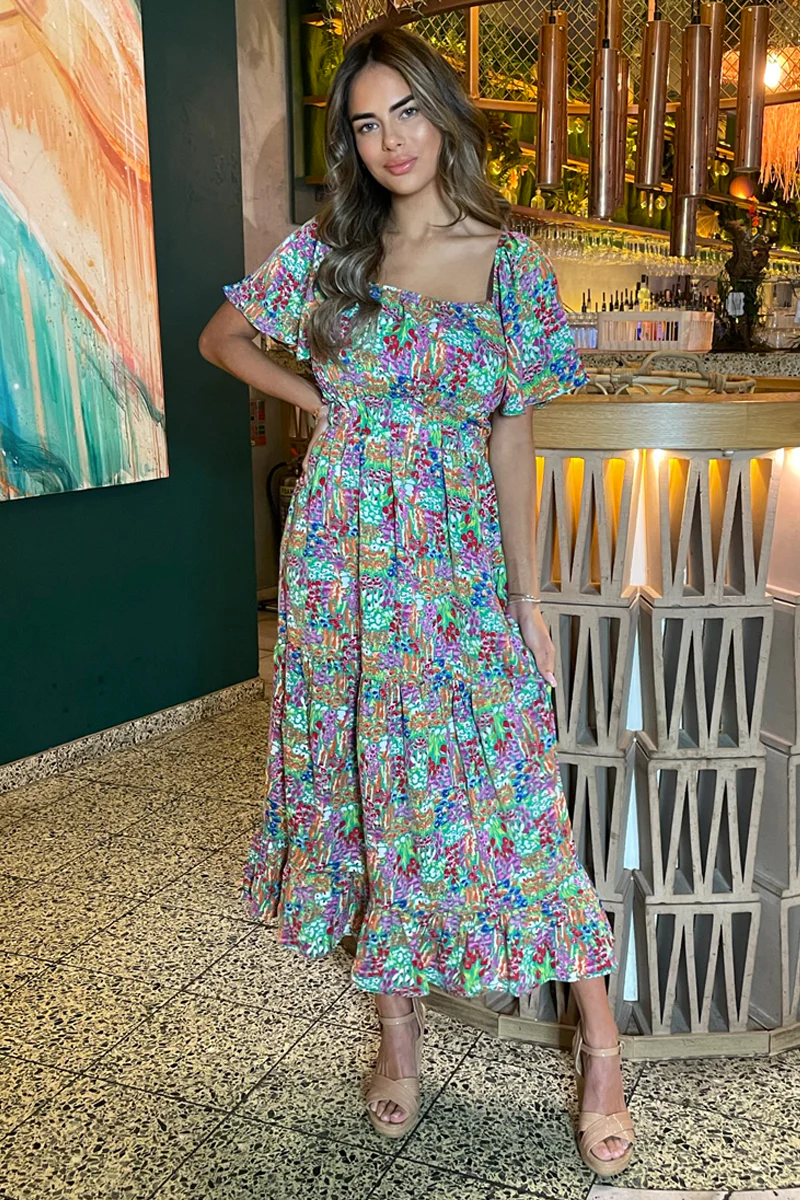 Multi Garden Print Frill Hem Midi Dress - Image 3