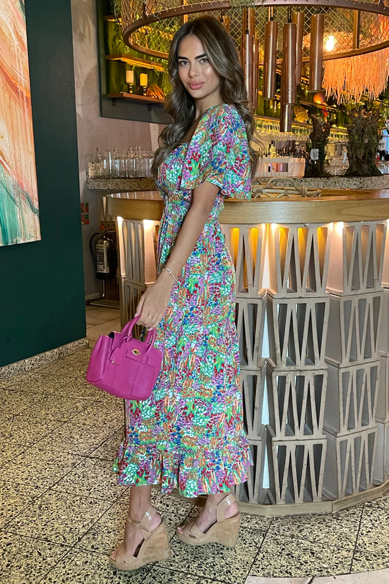 Multi Garden Print Frill Hem Midi Dress - Image 4
