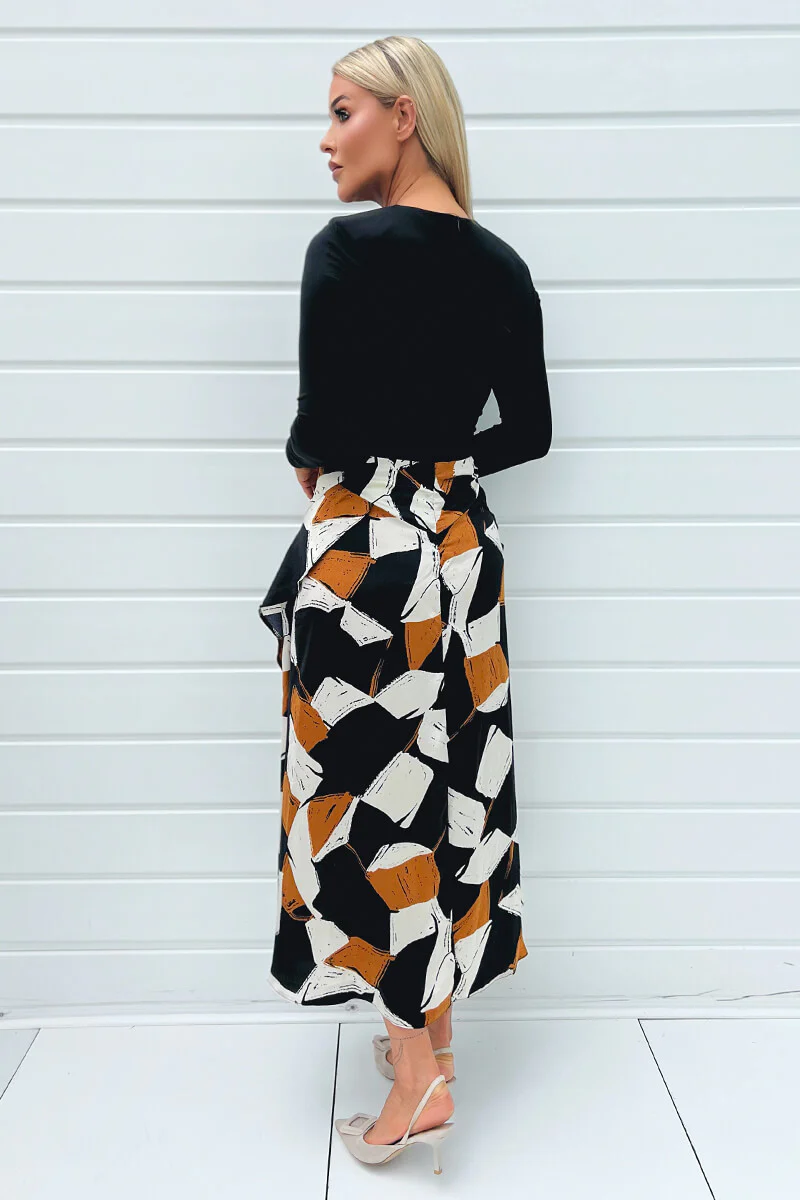Multi Geometric Print 2 in 1 Long Sleeve Double Frill Split Midi Dress - Image 4
