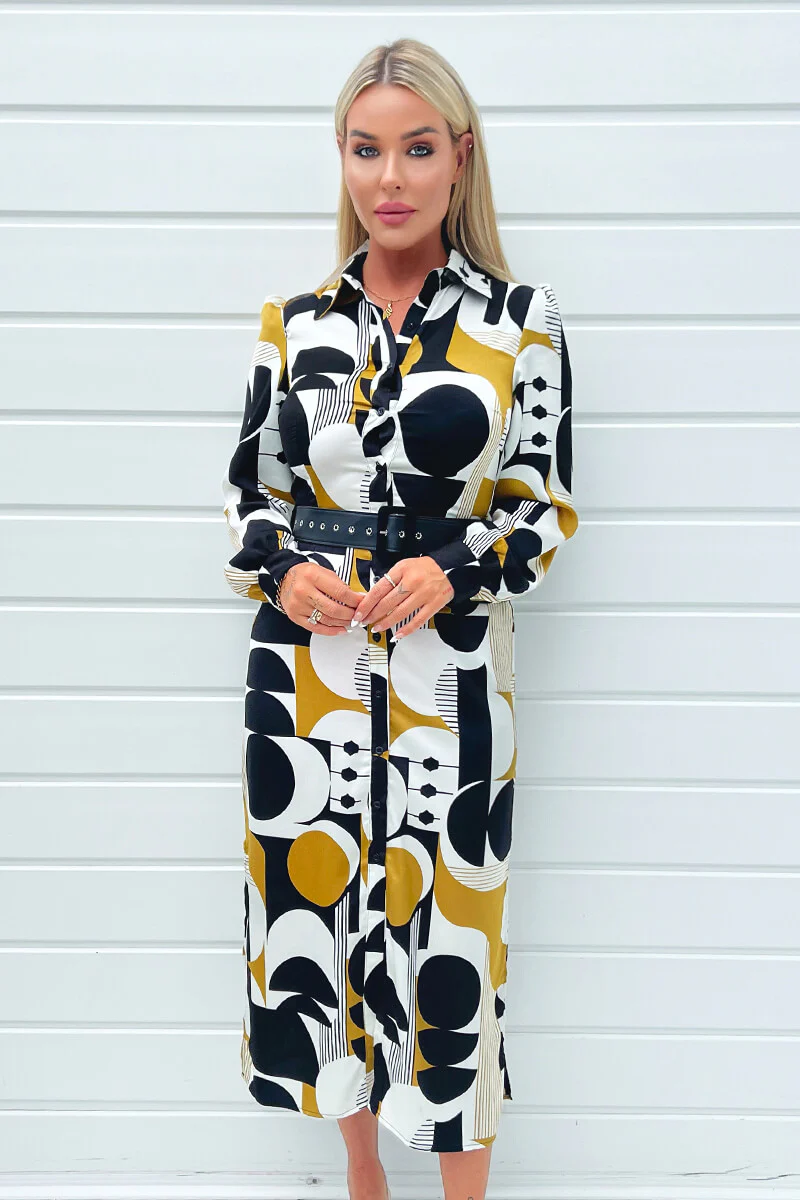Multi Geometric Print Button Front Belted Shirt Midi Dress - Image 2