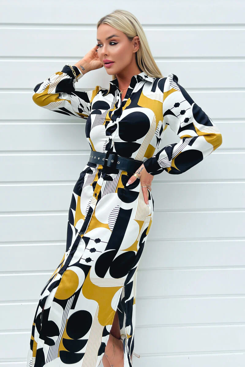 Multi Geometric Print Button Front Belted Shirt Midi Dress - Image 3
