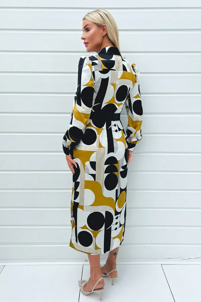 Multi Geometric Print Button Front Belted Shirt Midi Dress - Image 4