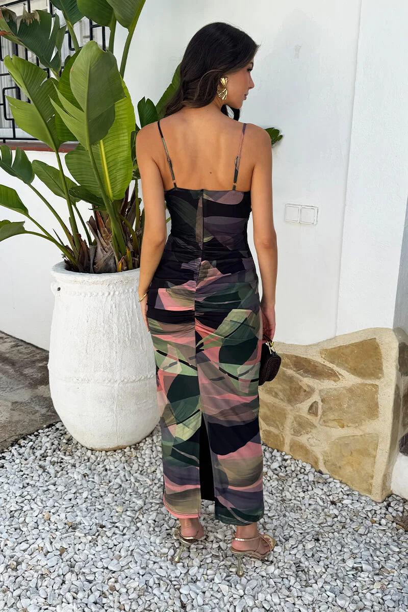 Multi Leaf Print Strappy Knot Detail Mesh Midi Dress - Image 5