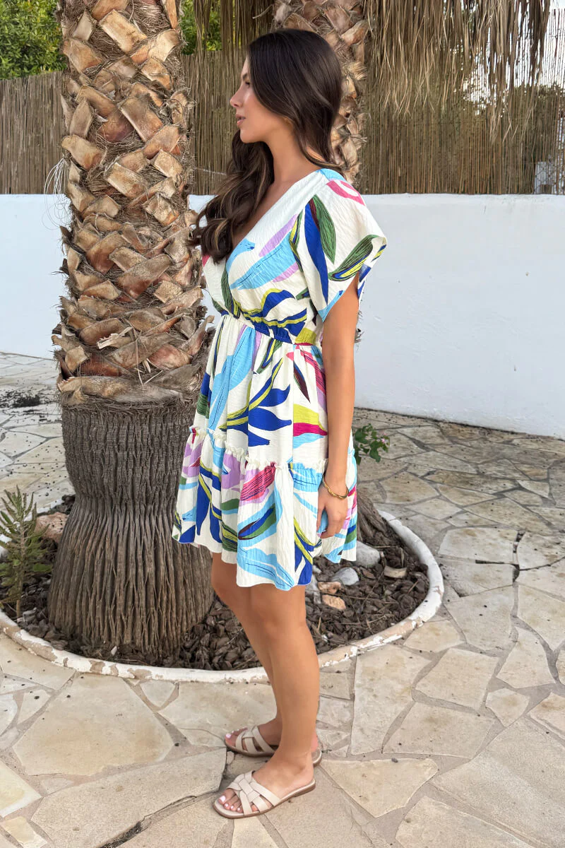 Multi Leaf Print Wrap Top Tiered Mini Dress - Image 4