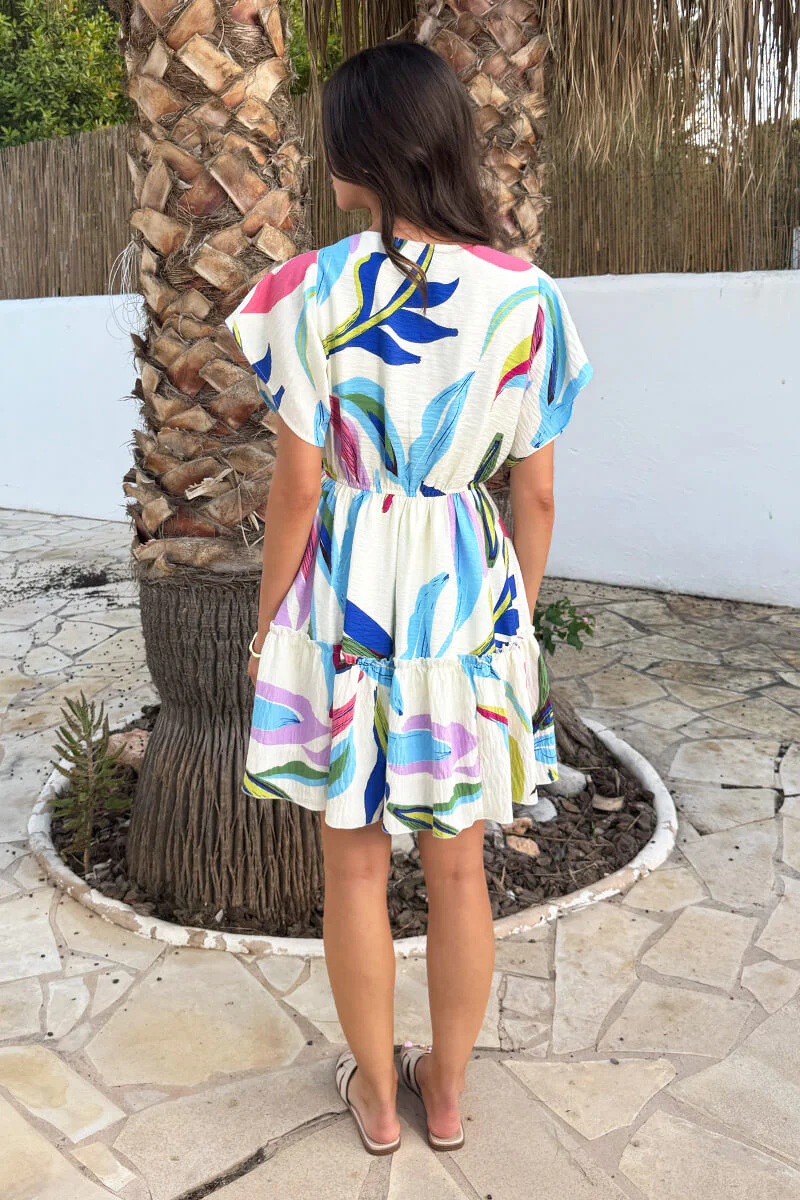 Multi Leaf Print Wrap Top Tiered Mini Dress - Image 5