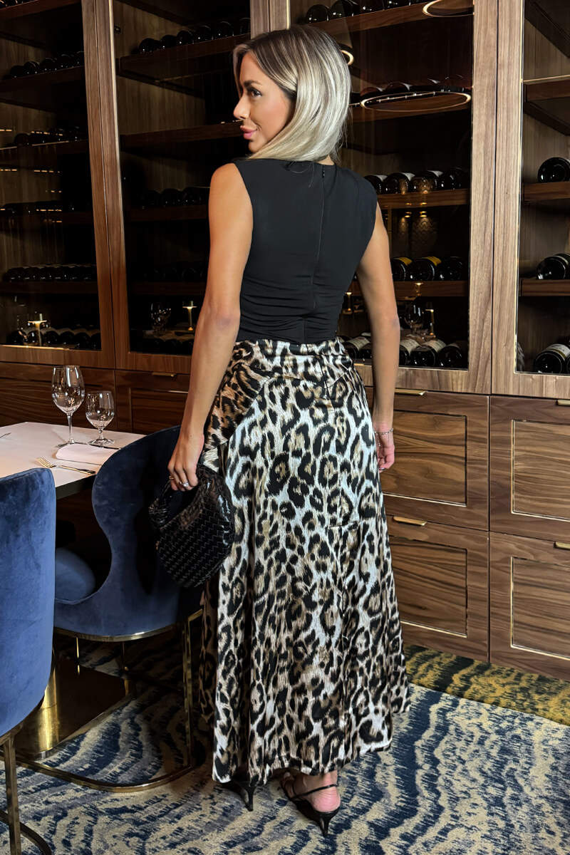 Multi Leopard Print 2 In 1 Double Frill Split Midi Dress - Image 3