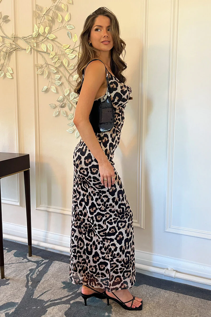 Multi Leopard Print Mesh Cowl Neck Slip Midi Dress - Image 4