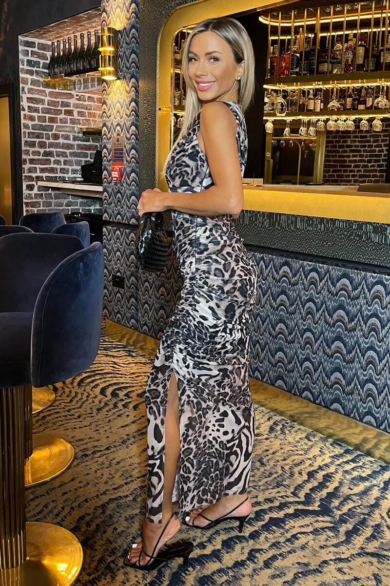 Multi Leopard Print Mesh Sleeveless Ruched Side Split Midi Dress - Image 3