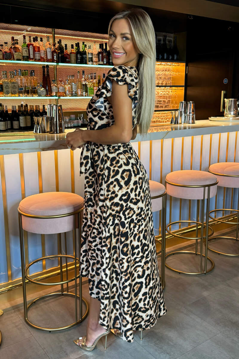 Multi Leopard Print Short Sleeve Belted Wrap Midi Dress - Image 2