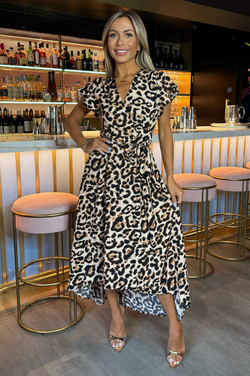 Multi Leopard Print Short Sleeve Belted Wrap Midi Dress - Image 3
