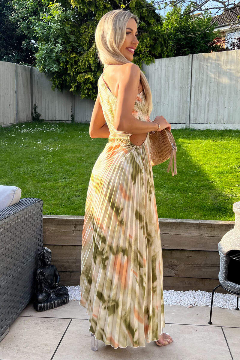 Multi Marble Print One Shoulder Pleated Satin Midi Dress - Image 4