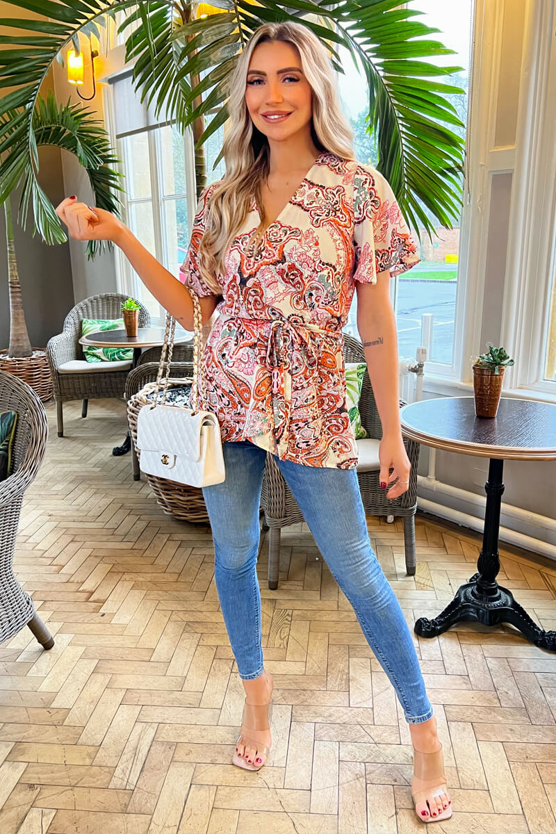 Multi Paisley Print Wrap Short Sleeve Belted Top - Image 2